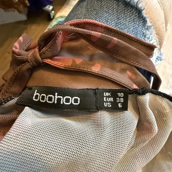 Boohoo Sheer Mesh Long Sleeve Top Size 6 Brown Pink Y2K Aesthetic - Picture 8 of 8